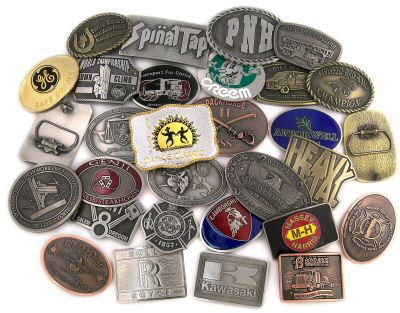 Custom belt buckles made the way you want - large and small, antique and bling bling, shiny, with or without color, round, square, any shape, gold, silver, bronze, personalized the way you want.